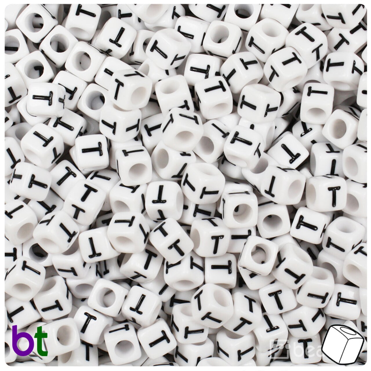 BeadTin White Opaque 6mm Cube Plastic Alpha Beads - Black Letter T (80pcs)